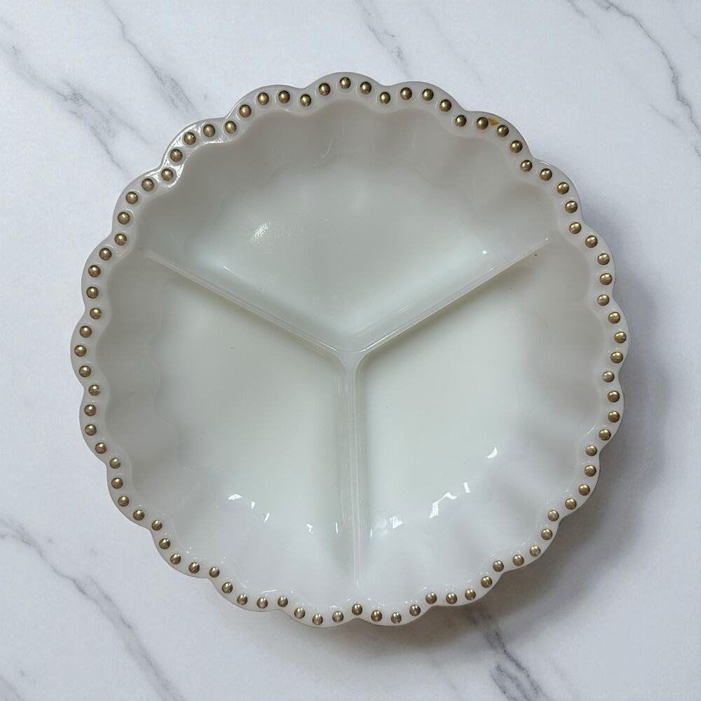 Vtg Anchor Hocking Glass Fire King Divided Relish Tray Dish White Gold Dots 9"
